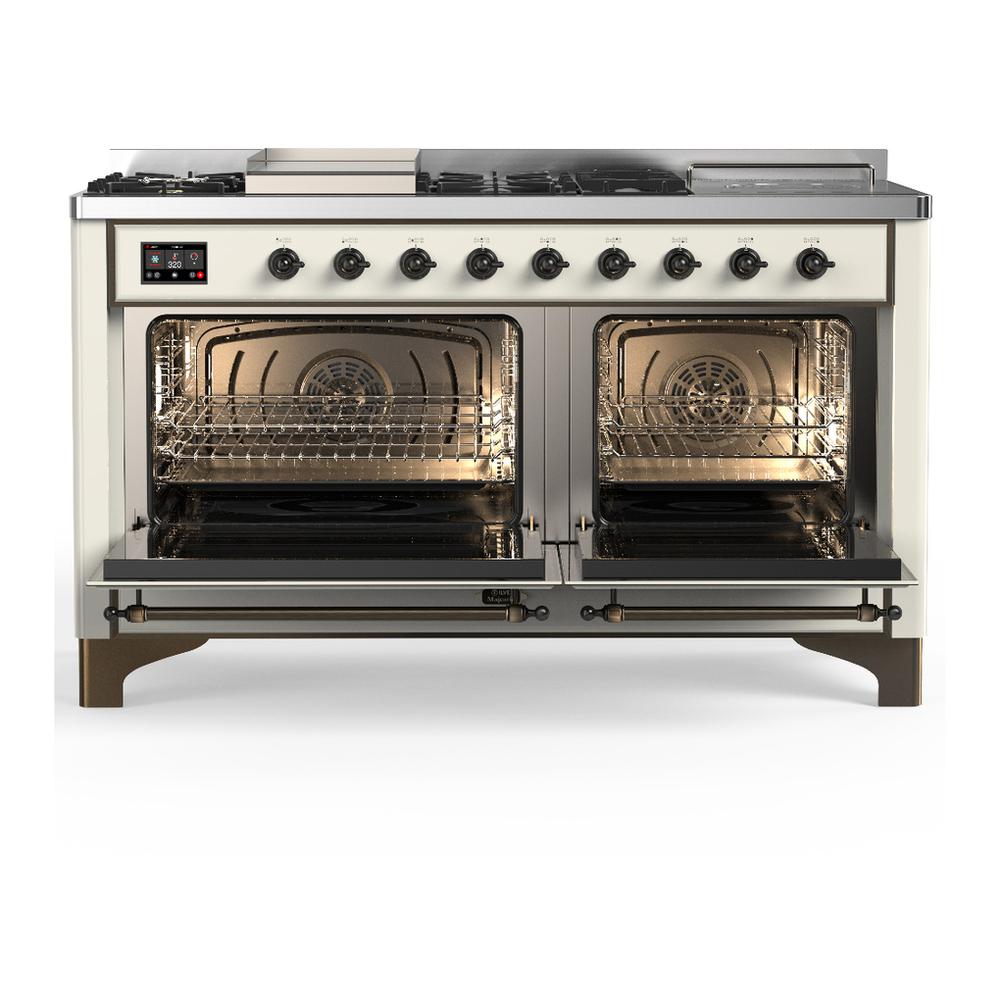 Ilve UM60FSQNR3AWB Ilve Um60Fsqnr3Awb Majestic Iii 60 Inch Dual Fuel Range With 7 Burners, Griddle And French Top, Dual Function Burner With Up To 25,000 Btu (Natural Gas, Solid Door, Antique White, Burnished)
