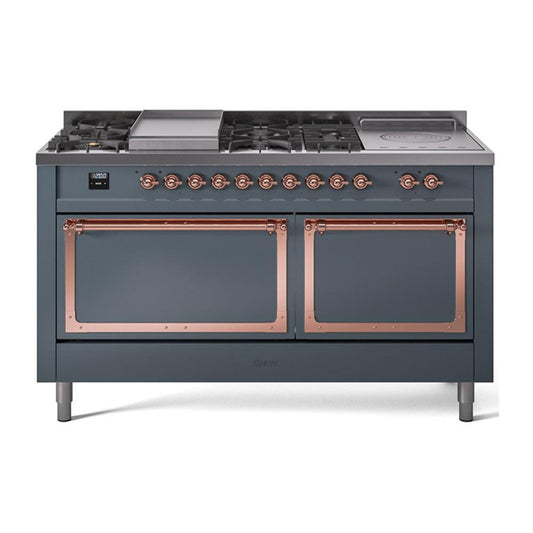 Ilve UN60FSQNMPBGPLP Ilve Un60Fsqnmpbgplp Nostalgie Ii Noblesse 60" Dual Fuel Range (7 Sealed Burners + Griddle + French Top, Liquid Propane, Solid Door, Blue Grey, Copper)