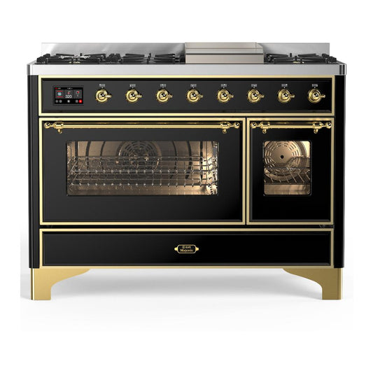 Ilve UM48FNR3BKGLP Ilve Um48Fnr3Bkglp Majestic Iii 48 Inch Dual Fuel Range With 8 Burners And Griddle, Dual Function Burner Up To 25,000 Btu (Liquid Propane, Triple Glass Door, Glossy Black, Brass)