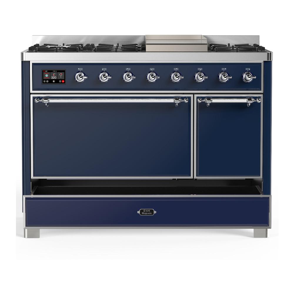 Ilve UM48FQNR3MBC Ilve Um48Fqnr3Mbc Majestic Iii 48 Inch Dual Fuel Range With 8 Burners And Griddle, Dual Function Burner Up To 25,000 Btu (Natural Gas, Solid Door, Midnight Blue, Chrome)