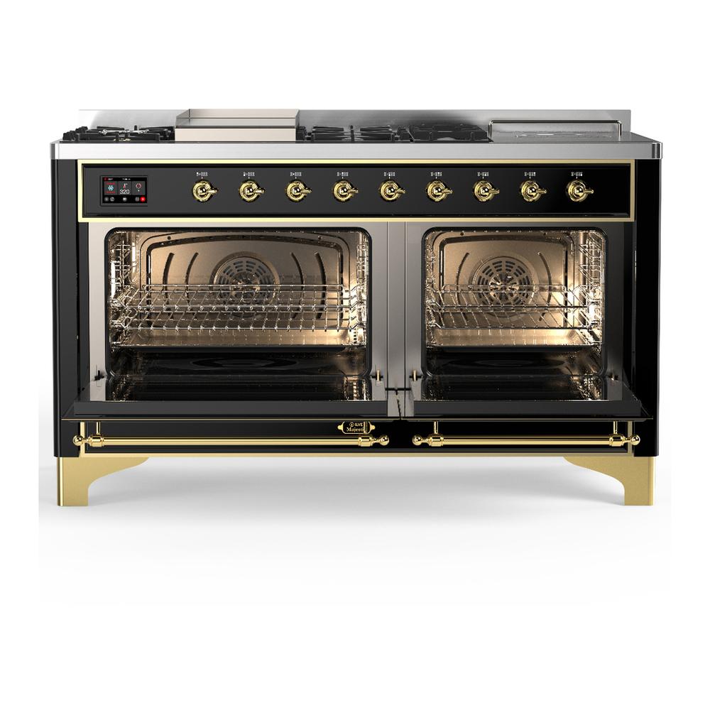 Ilve UM60FSNR3BKGLP Ilve Um60Fsnr3Bkglp Majestic Iii 60 Inch Dual Fuel Range With 7 Burners, Griddle And French Top, Dual Function Burner With Up To 25,000 Btu (Liquid Propane, Triple Glass Door, Glossy Black, Brass)