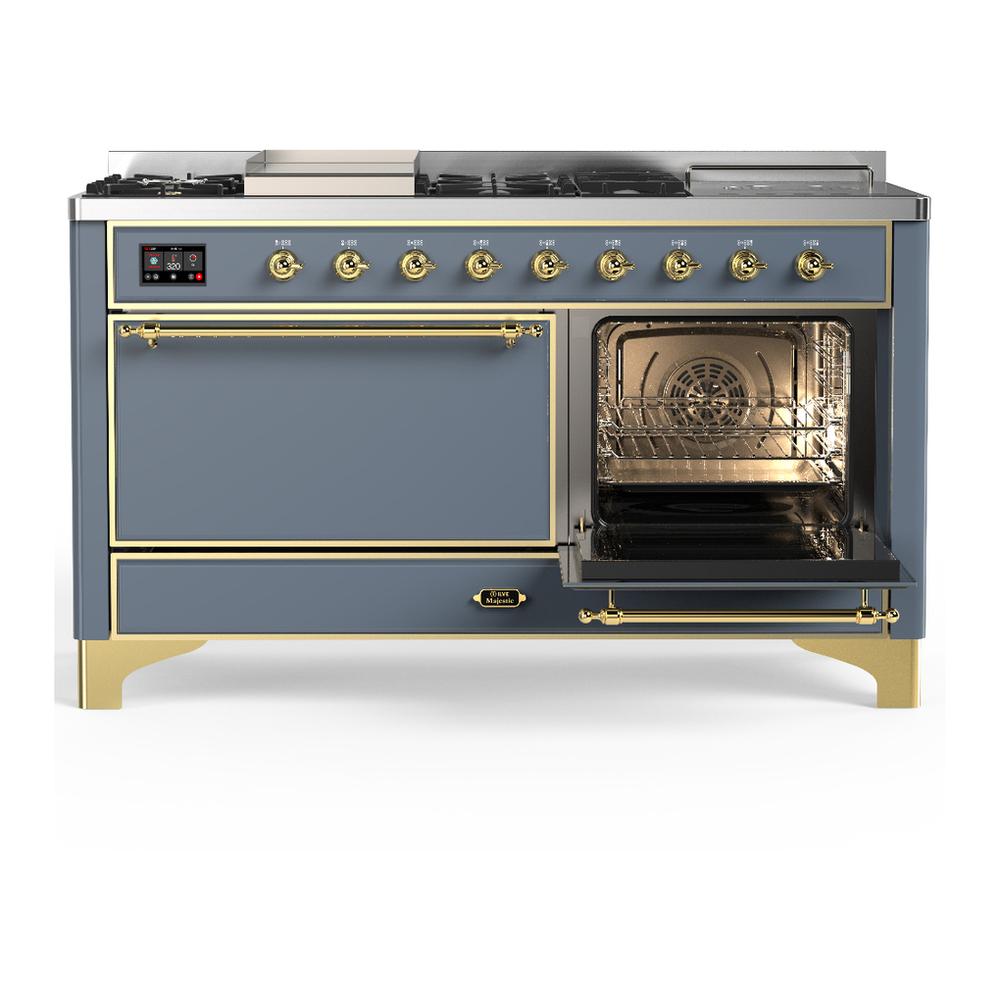 Ilve UM60FSQNR3BGG Ilve Um60Fsqnr3Bgg Majestic Iii 60 Inch Dual Fuel Range With 7 Burners, Griddle And French Top, Dual Function Burner With Up To 25,000 Btu (Natural Gas, Solid Door, Blue Grey, Brass)
