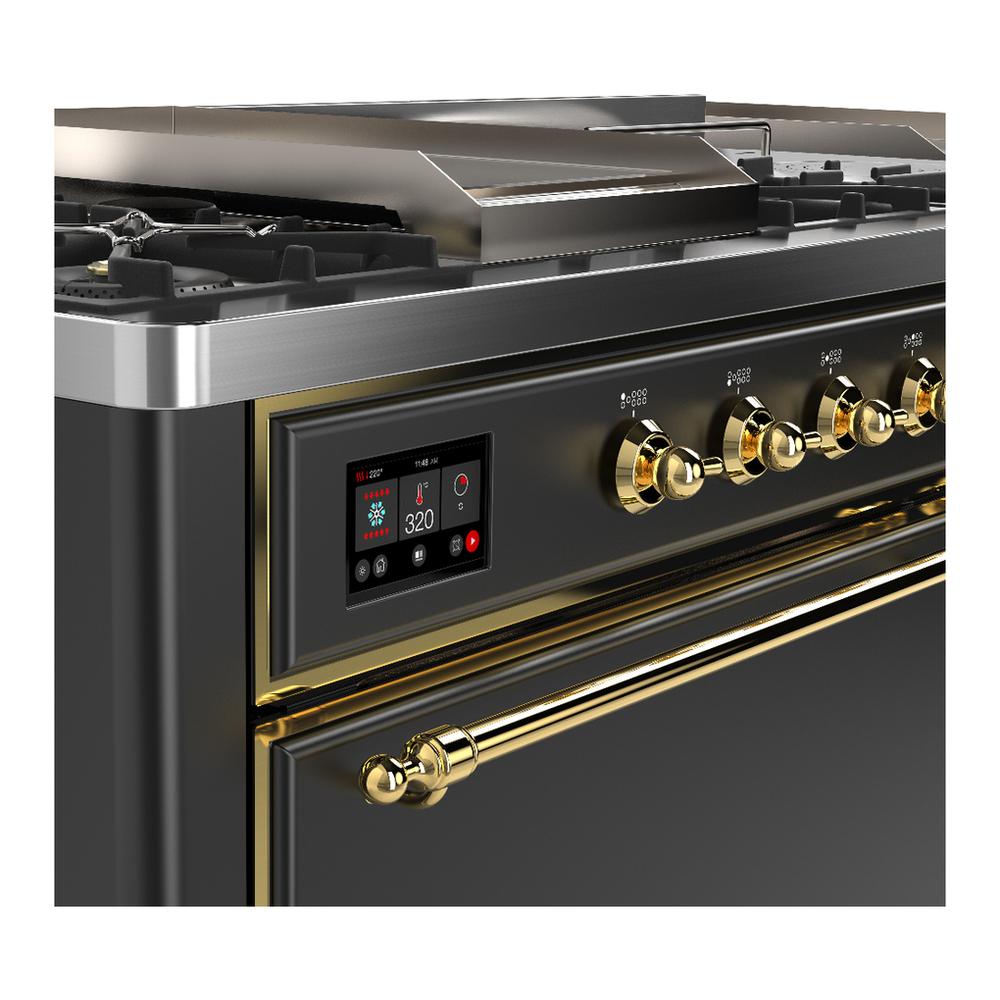 Ilve UM60FSQNR3MGGLP Ilve Um60Fsqnr3Mgglp Majestic Iii 60 Inch Dual Fuel Range With 7 Burners, Griddle And French Top, Dual Function Burner With Up To 25,000 Btu (Liquid Propane, Solid Door, Graphite Matte, Brass)
