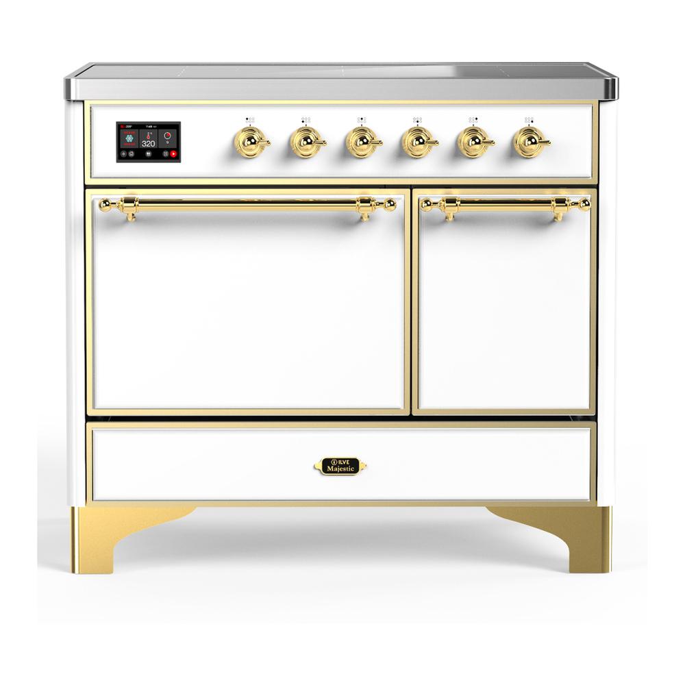 Ilve UMDIB40QNR3WHG Ilve Umdib40Qnr3Whg Majestic Iii 40 Inch Induction Range With 6 Elements, 3.82 Cu. Ft. Total Oven Capacity (Solid Door, White, Brass)