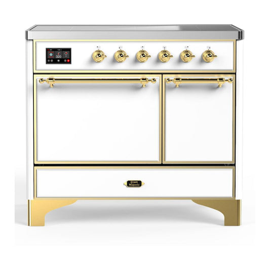 Ilve UMDIB40QNR3WHG Ilve Umdib40Qnr3Whg Majestic Iii 40 Inch Induction Range With 6 Elements, 3.82 Cu. Ft. Total Oven Capacity (Solid Door, White, Brass)