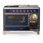 Ilve UM48FSNR3MBP Ilve Um48Fsnr3Mbp Majestic Iii 48 Inch Dual Fuel Range With 5 Black Brass Burners, Griddle And French Top, Dual Function Burner Up To 25,000 Btu (Natural Gas, Triple Glass Door, Midnight Blue, Copper)