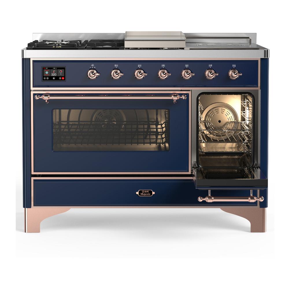 Ilve UM48FSNR3MBP Ilve Um48Fsnr3Mbp Majestic Iii 48 Inch Dual Fuel Range With 5 Black Brass Burners, Griddle And French Top, Dual Function Burner Up To 25,000 Btu (Natural Gas, Triple Glass Door, Midnight Blue, Copper)