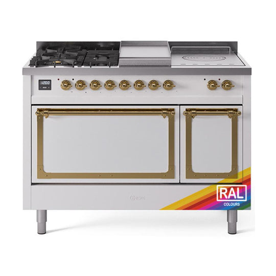 Ilve UN48FSQNMPRAG Ilve Un48Fsqnmprag Nostalgie Ii Noblesse 48" Dual Fuel Range (5 Sealed Burners + Griddle + French Top, Natural Gas, Solid Door, Ral, Brass)
