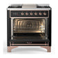 Ilve UM36FNR3BKP Ilve Um36Fnr3Bkp Majestic Iii 36 Inch Dual Fuel Range With 6 Black Brass Burners And Griddle, Dual Function Burner Up To 25,000 Btu (Triple Glass Door, Glossy Black, Copper, Natural Gas)