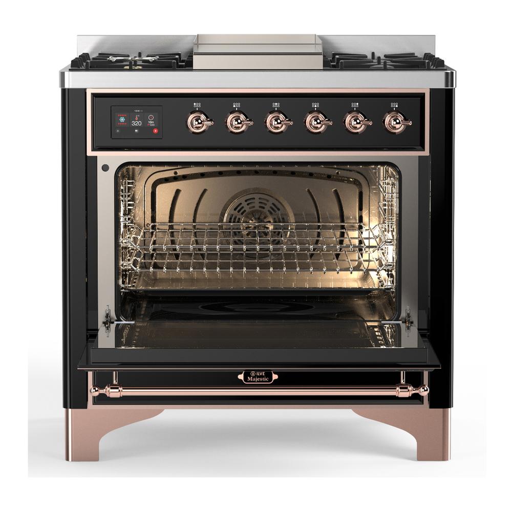 Ilve UM36FNR3BKP Ilve Um36Fnr3Bkp Majestic Iii 36 Inch Dual Fuel Range With 6 Black Brass Burners And Griddle, Dual Function Burner Up To 25,000 Btu (Triple Glass Door, Glossy Black, Copper, Natural Gas)