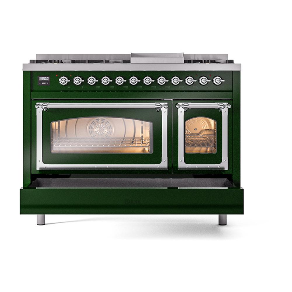Ilve UN48FNMPEGC Ilve Un48Fnmpegc Nostalgie Ii Noblesse 48" Dual Fuel Range (8 Sealed Burners + Griddle, Natural Gas, Triple Glass Door, Emerald Green, Chrome)