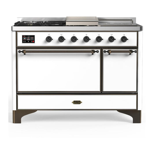 Ilve UM48FSQNR3WHBLP Ilve Um48Fsqnr3Whblp Majestic Iii 48 Inch Dual Fuel Range With 5 Black Brass Burners, Griddle And French Top, Dual Function Burner Up To 25,000 Btu (Liquid Propane, Solid Door, White, Burnished)