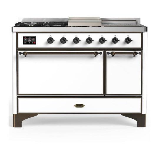 Ilve UM48FSQNR3WHBLP Ilve Um48Fsqnr3Whblp Majestic Iii 48 Inch Dual Fuel Range With 5 Black Brass Burners, Griddle And French Top, Dual Function Burner Up To 25,000 Btu (Liquid Propane, Solid Door, White, Burnished)