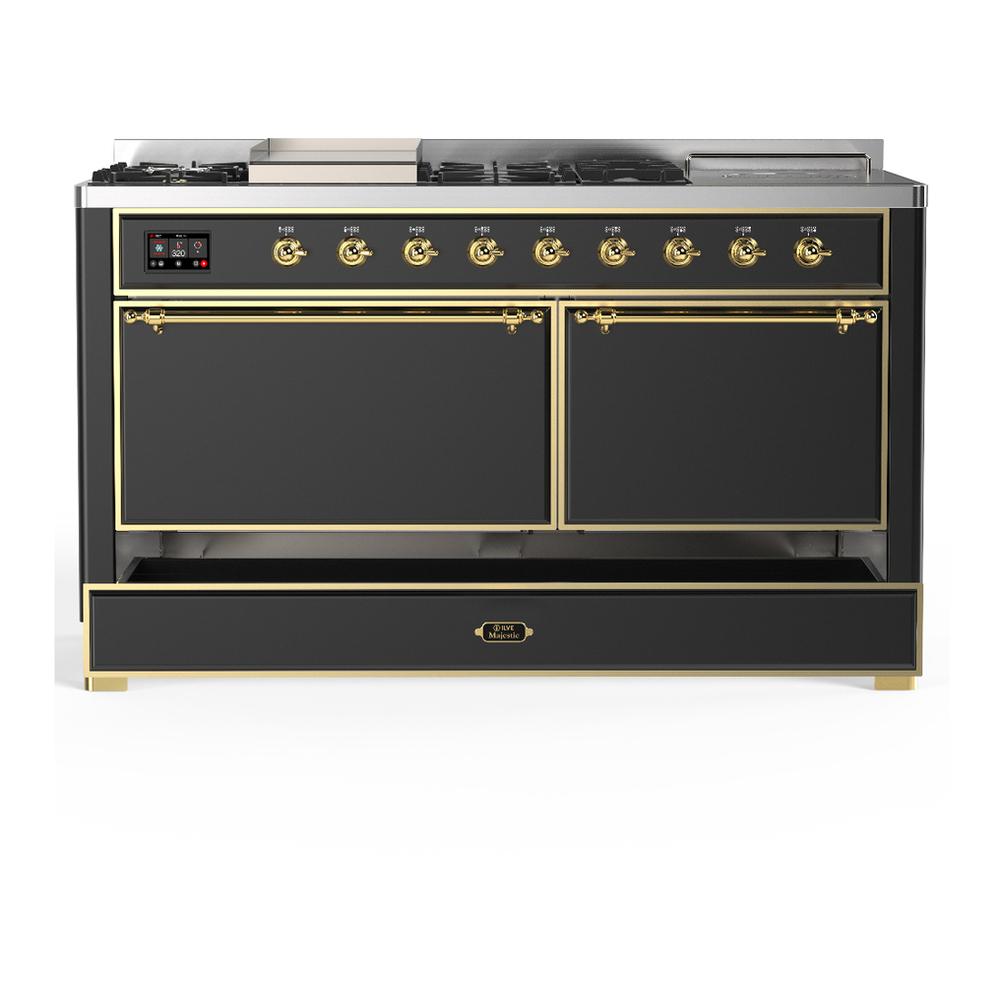 Ilve UM60FSQNR3MGG Ilve Um60Fsqnr3Mgg Majestic Iii 60 Inch Dual Fuel Range With 7 Burners, Griddle And French Top, Dual Function Burner With Up To 25,000 Btu (Natural Gas, Solid Door, Graphite Matte, Brass)