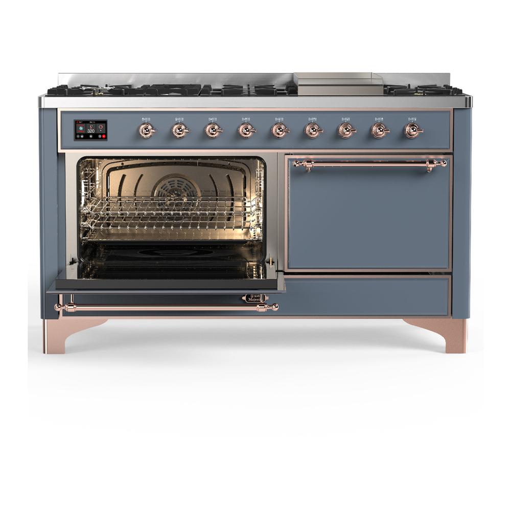 Ilve UM60FQNR3BGP Ilve Um60Fqnr3Bgp Majestic Iii 60 Inch Dual Fuel Range With 9 Burners And Griddle, Dual Function Burner Up To 25,000 Btu (Natural Gas, Solid Door, Blue Grey, Copper)