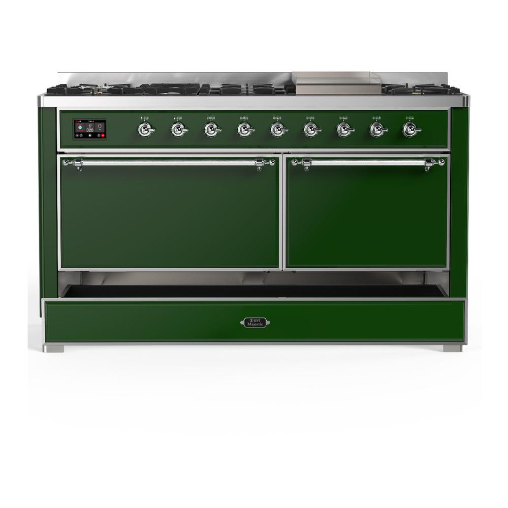 Ilve UM60FQNR3EGCLP Ilve Um60Fqnr3Egclp Majestic Iii 60 Inch Dual Fuel Range With 9 Burners And Griddle, Dual Function Burner Up To 25,000 Btu (Liquid Propane, Solid Door, Emerald Green, Chrome)