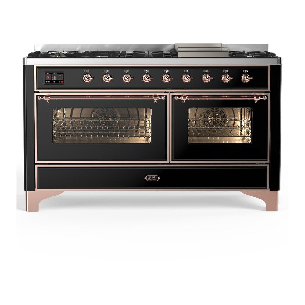 Ilve UM60FNR3BKPLP Ilve Um60Fnr3Bkplp Majestic Iii 60 Inch Dual Fuel Range With 9 Burners And Griddle, Dual Function Burner Up To 25,000 Btu (Liquid Propane, Triple Glass Door, Glossy Black, Copper)