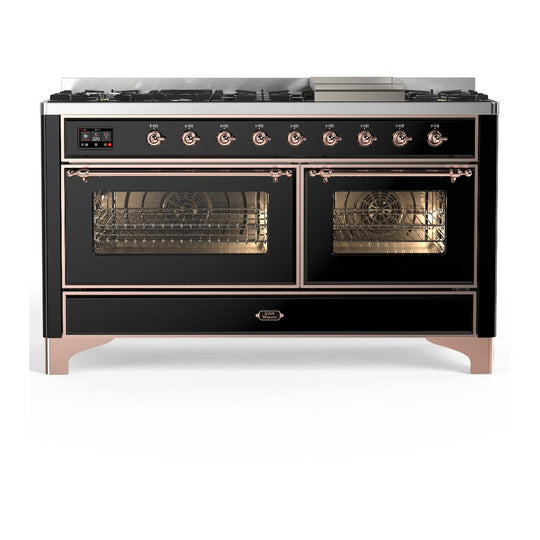 Ilve UM60FNR3BKPLP Ilve Um60Fnr3Bkplp Majestic Iii 60 Inch Dual Fuel Range With 9 Burners And Griddle, Dual Function Burner Up To 25,000 Btu (Liquid Propane, Triple Glass Door, Glossy Black, Copper)