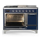 Ilve UM48FSQNR3MBCLP Ilve Um48Fsqnr3Mbclp Majestic Iii 48 Inch Dual Fuel Range With 5 Black Brass Burners, Griddle And French Top, Dual Function Burner Up To 25,000 Btu (Liquid Propane, Solid Door, Midnight Blue, Chrome)