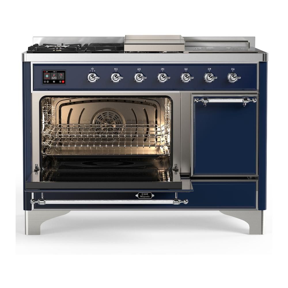 Ilve UM48FSQNR3MBCLP Ilve Um48Fsqnr3Mbclp Majestic Iii 48 Inch Dual Fuel Range With 5 Black Brass Burners, Griddle And French Top, Dual Function Burner Up To 25,000 Btu (Liquid Propane, Solid Door, Midnight Blue, Chrome)