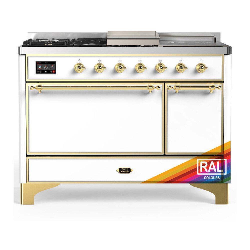 Ilve UM48FSQNR3RAGLP Ilve Um48Fsqnr3Raglp Majestic Iii 48 Inch Dual Fuel Range With 5 Black Brass Burners, Griddle And French Top, Dual Function Burner Up To 25,000 Btu (Liquid Propane, Solid Door, Ral, Brass)
