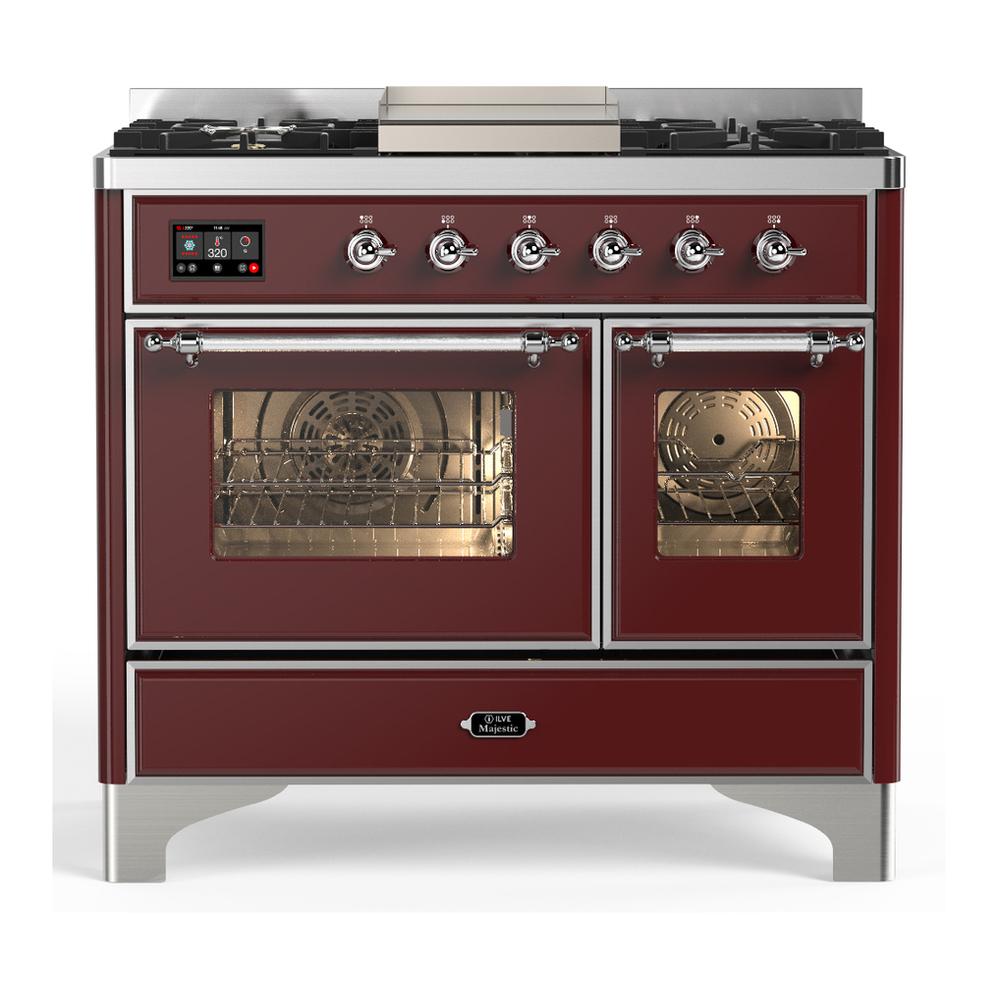 Ilve UMD40FNR3BUC Ilve Umd40Fnr3Buc Majestic Iii 40 Inch Dual Fuel Range With 6 Burners And Griddle, Dual Function Burner Up To 25,000 Btu (Natural Gas, Triple Glass Door, Burgundy, Chrome)