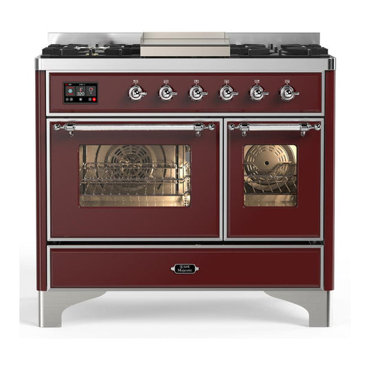 Ilve UMD40FNR3BUC Ilve Umd40Fnr3Buc Majestic Iii 40 Inch Dual Fuel Range With 6 Burners And Griddle, Dual Function Burner Up To 25,000 Btu (Natural Gas, Triple Glass Door, Burgundy, Chrome)