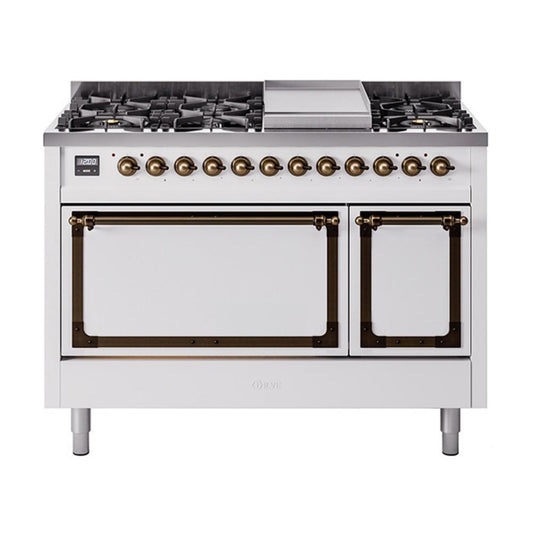 Ilve UN48FQNMPWHB Ilve Un48Fqnmpwhb Nostalgie Ii Noblesse 48" Dual Fuel Range (8 Sealed Burners + Griddle, Natural Gas, Solid Door, White, Burnished)