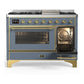 Ilve UM48FNR3BGG Ilve Um48Fnr3Bgg Majestic Iii 48 Inch Dual Fuel Range With 8 Burners And Griddle, Dual Function Burner Up To 25,000 Btu (Natural Gas, Triple Glass Door, Blue Grey, Brass)