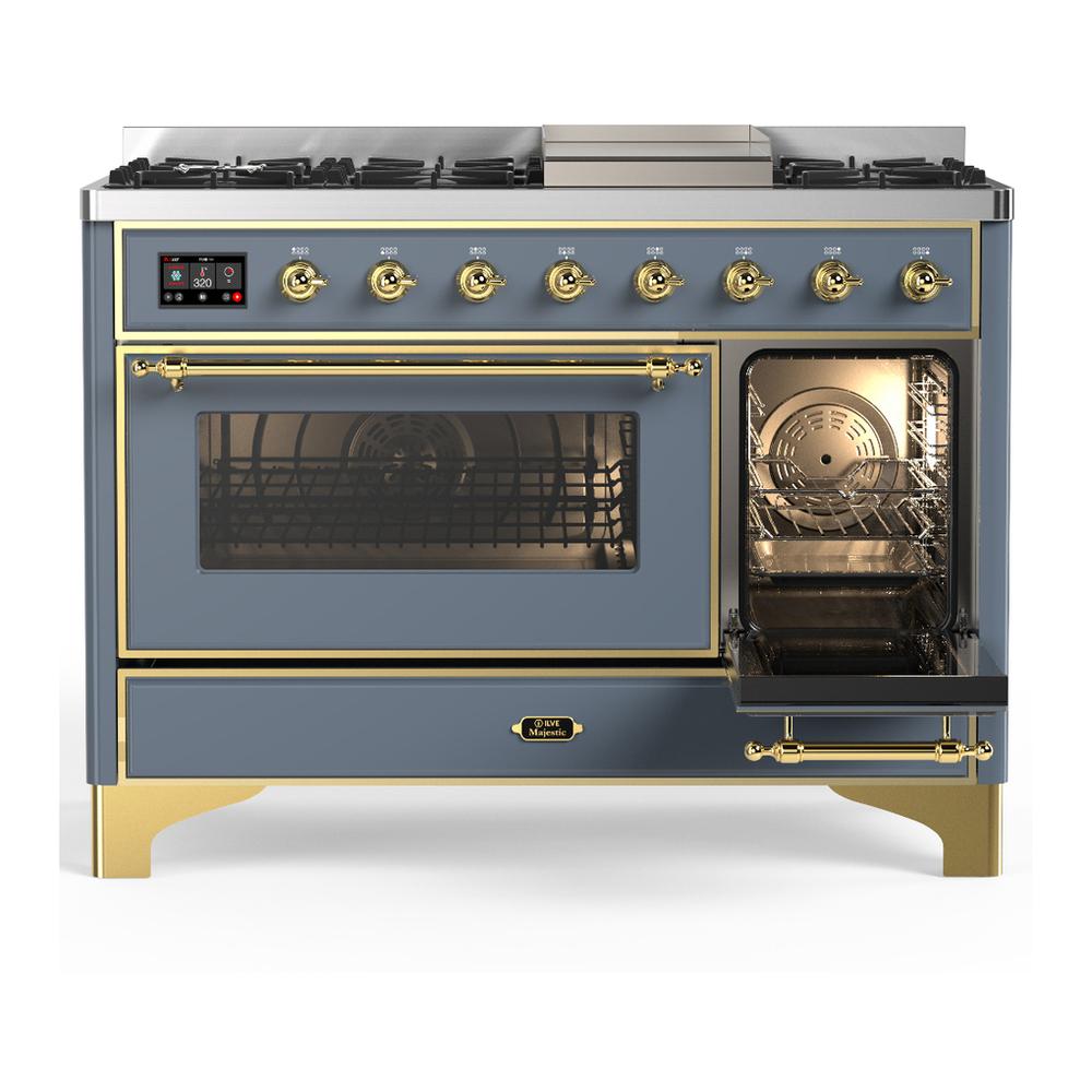 Ilve UM48FNR3BGG Ilve Um48Fnr3Bgg Majestic Iii 48 Inch Dual Fuel Range With 8 Burners And Griddle, Dual Function Burner Up To 25,000 Btu (Natural Gas, Triple Glass Door, Blue Grey, Brass)