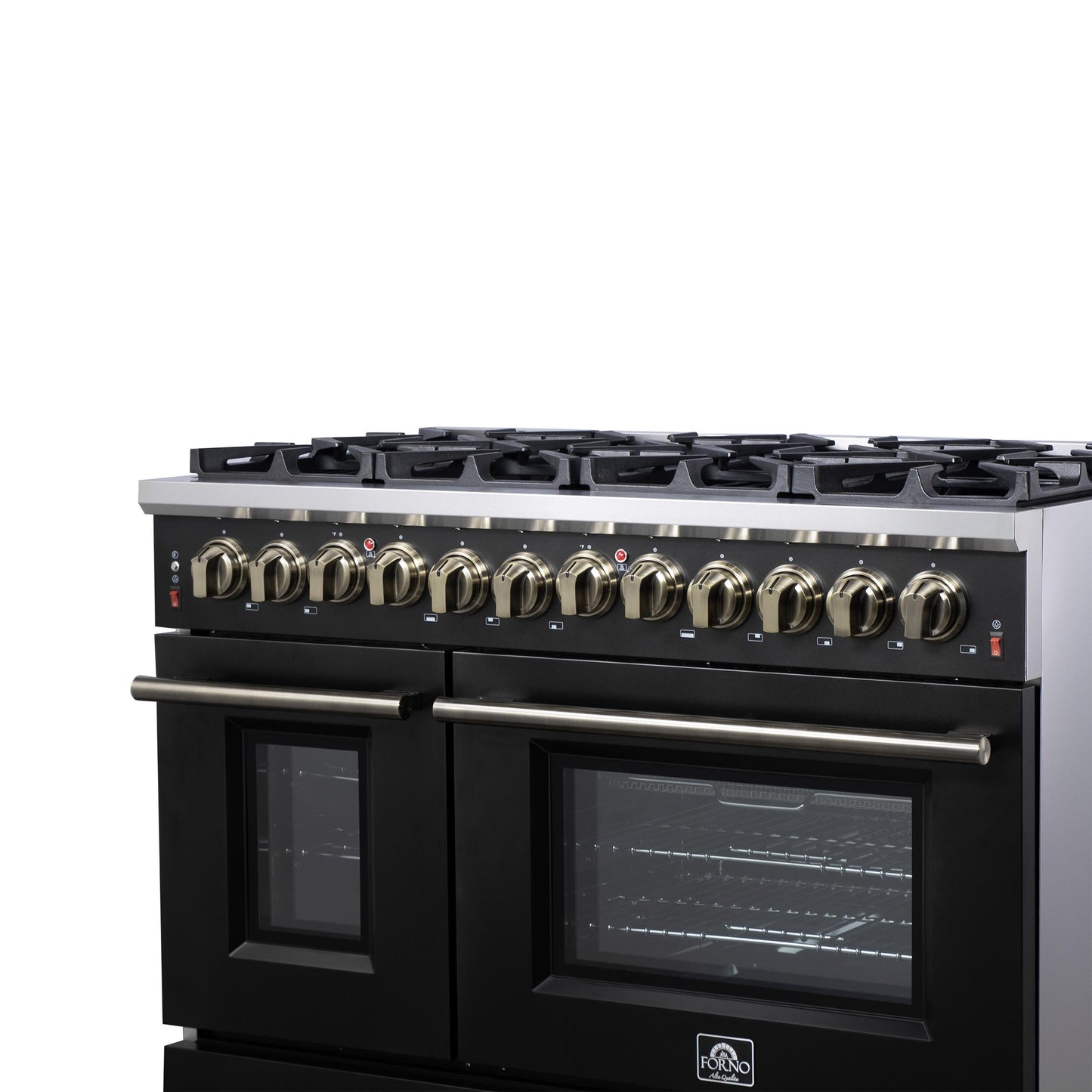 Forno FFSGS612548BLK Forno Massimo 48 Inch Freestanding Dual Fuel Range In Black With Antique Brass Accessories, 8 Burners, 6.58 Cu. Ft. Convection Oven