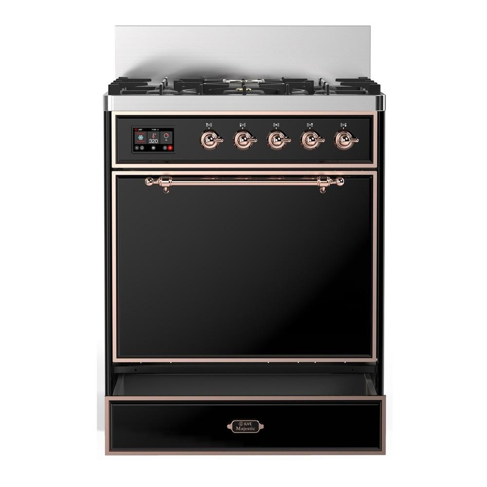 Ilve UM30QNR3BKPLP Ilve Um30Qnr3Bkplp Majestic Iii 30 Inch Dual Fuel Range With 5 Black Brass Burners, Dual Function Burner Up To 25,000 Btu (Liquid Propane, Solid Door, Glossy Black, Copper)