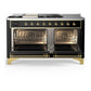 Ilve UM60FSQNR3BKGLP Ilve Um60Fsqnr3Bkglp Majestic Iii 60 Inch Dual Fuel Range With 7 Burners, Griddle And French Top, Dual Function Burner With Up To 25,000 Btu (Liquid Propane, Solid Door, Glossy Black, Brass)