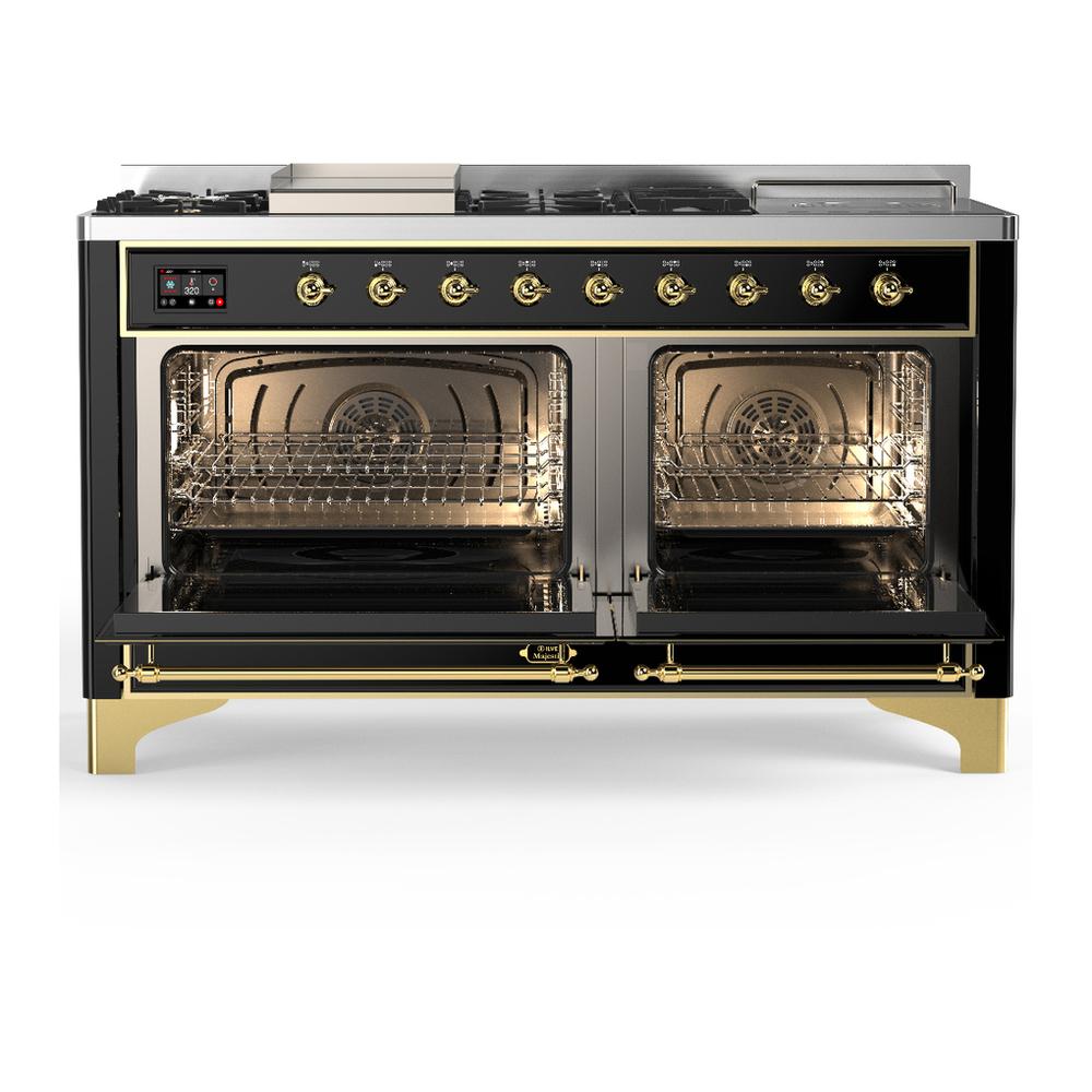 Ilve UM60FSQNR3BKGLP Ilve Um60Fsqnr3Bkglp Majestic Iii 60 Inch Dual Fuel Range With 7 Burners, Griddle And French Top, Dual Function Burner With Up To 25,000 Btu (Liquid Propane, Solid Door, Glossy Black, Brass)