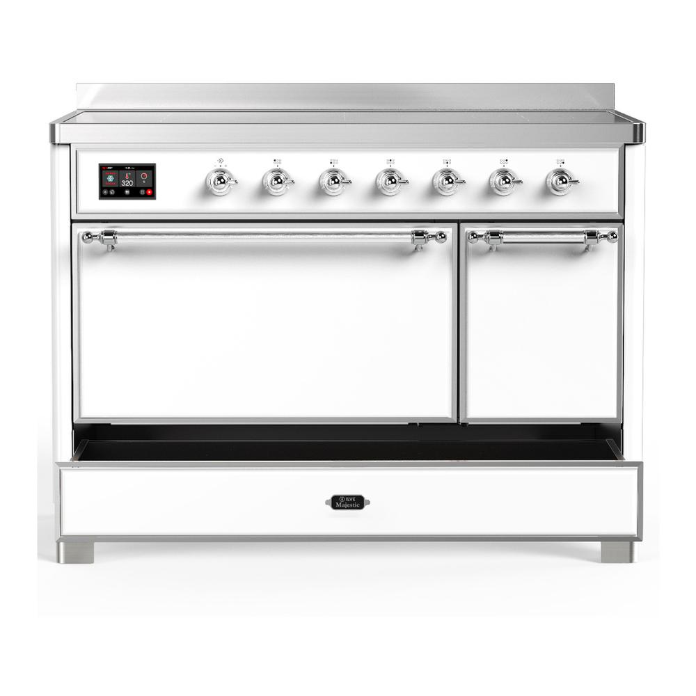 Ilve UMIB48QNR3WHC Ilve Umib48Qnr3Whc Majestic Iii 48 Inch Induction Range With 6 Elements, 5.02 Cu. Ft. Total Oven Capacity (Solid Door, White, Chrome)