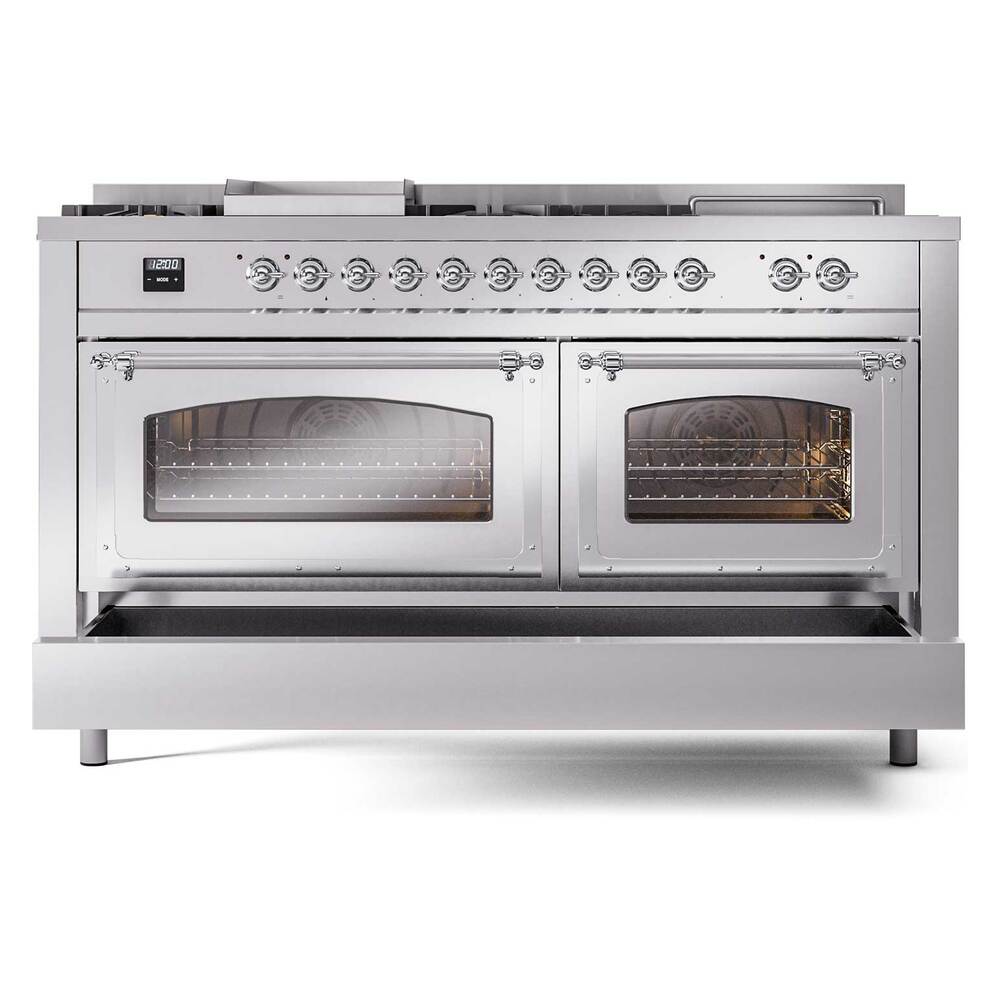 Ilve UN60FSNMPSSC Ilve Un60Fsnmpssc Nostalgie Ii Noblesse 60" Dual Fuel Range (7 Sealed Burners + Griddle + French Top, Natural Gas, Triple Glass Door, Stainless Steel, Chrome)