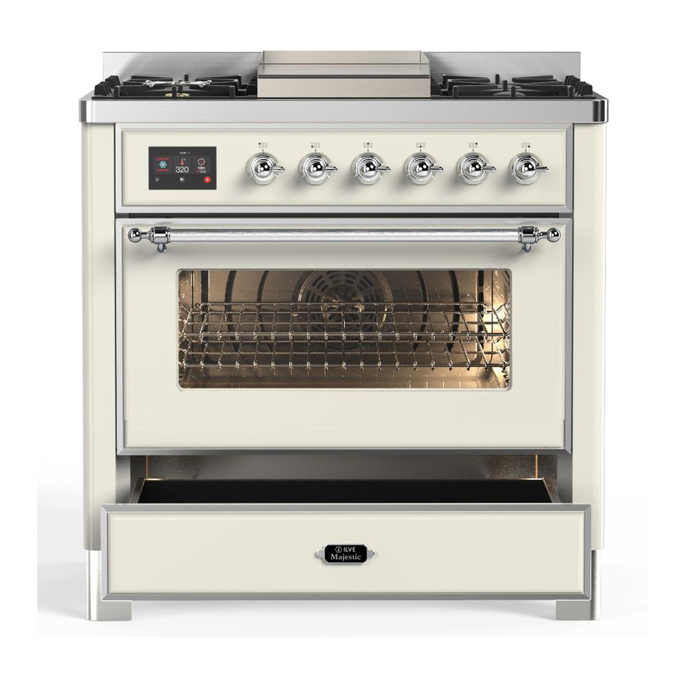 Ilve UM36FNR3AWCLP Ilve Um36Fnr3Awclp Majestic Iii 36 Inch Dual Fuel Range With 6 Black Brass Burners And Griddle, Dual Function Burner Up To 25,000 Btu (Triple Glass Door, Antique White, Chrome, Liquid Propane)