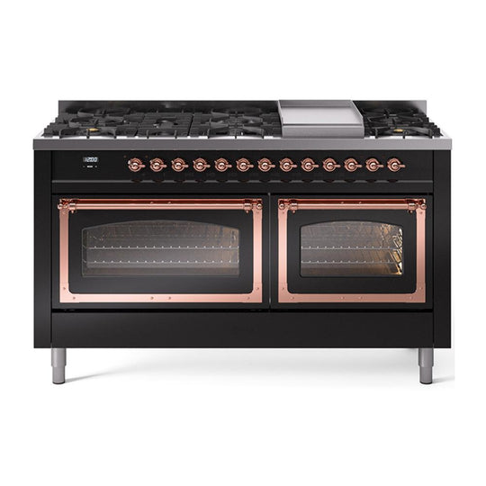 Ilve UN60FNMPBKP Ilve Un60Fnmpbkp Nostalgie Ii Noblesse 60" Dual Fuel Range (9 Sealed Burners + Griddle, Natural Gas, Triple Glass Door, Glossy Black, Copper)