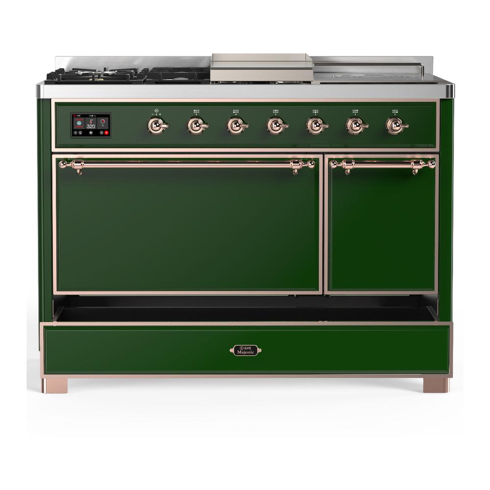 Ilve UM48FSQNR3EGPLP Ilve Um48Fsqnr3Egplp Majestic Iii 48 Inch Dual Fuel Range With 5 Black Brass Burners, Griddle And French Top, Dual Function Burner Up To 25,000 Btu (Liquid Propane, Solid Door, Emerald Green, Copper)