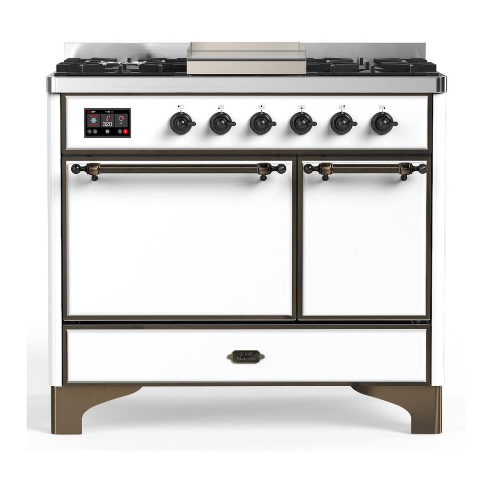 Ilve UMD40FQNR3WHB Ilve Umd40Fqnr3Whb Majestic Iii 40 Inch Dual Fuel Range With 6 Burners And Griddle, Dual Function Burner Up To 25,000 Btu (Natural Gas, Solid Door, White, Burnished)