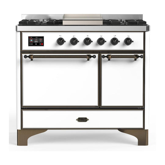 Ilve UMD40FQNR3WHB Ilve Umd40Fqnr3Whb Majestic Iii 40 Inch Dual Fuel Range With 6 Burners And Griddle, Dual Function Burner Up To 25,000 Btu (Natural Gas, Solid Door, White, Burnished)