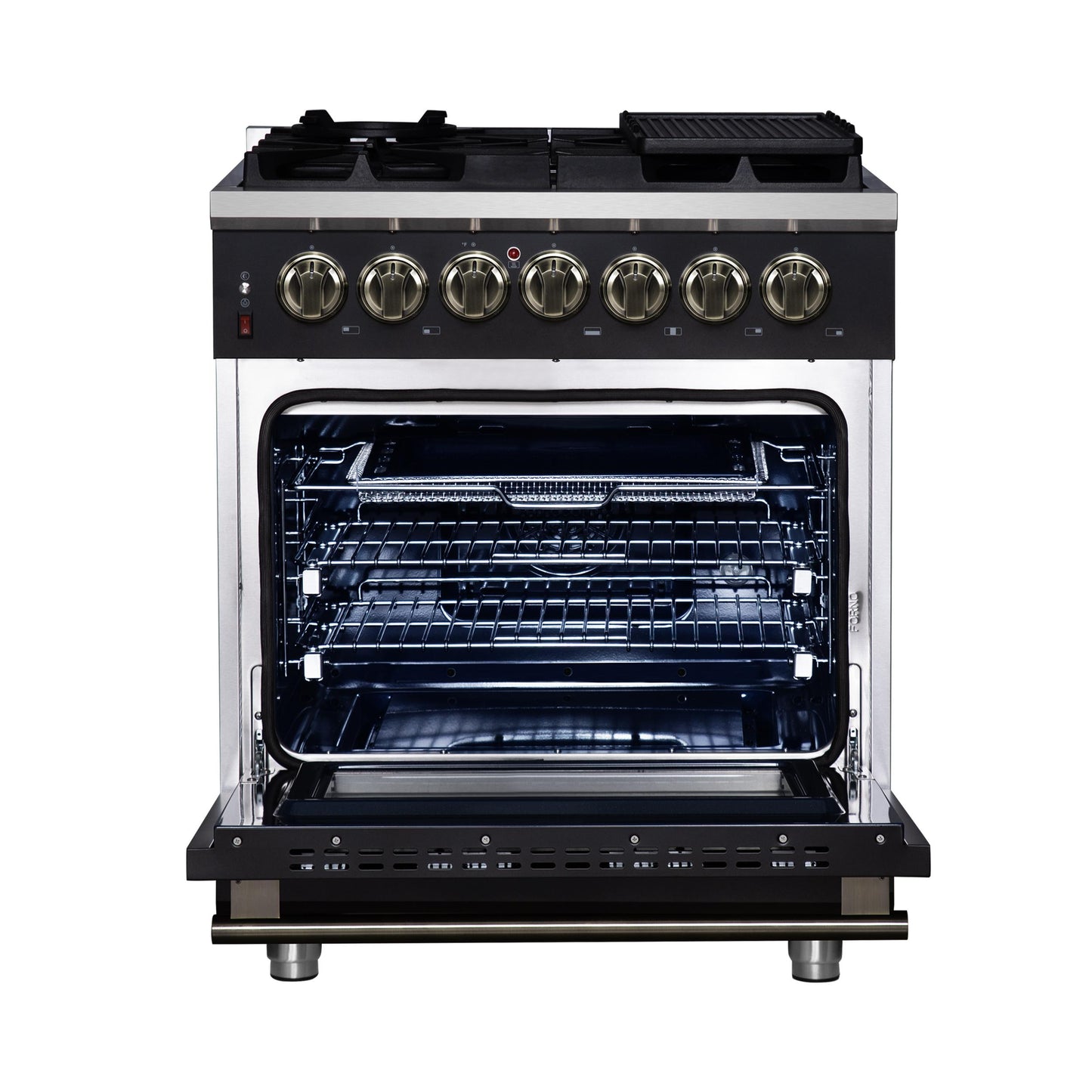 Forno FFSGS612530BLK Forno Massimo 30-Inch Freestanding Dual Fuel Range In Black With Antique Brass Accessories, 4 Burners, 4.32 Cu. Ft. Convection Oven