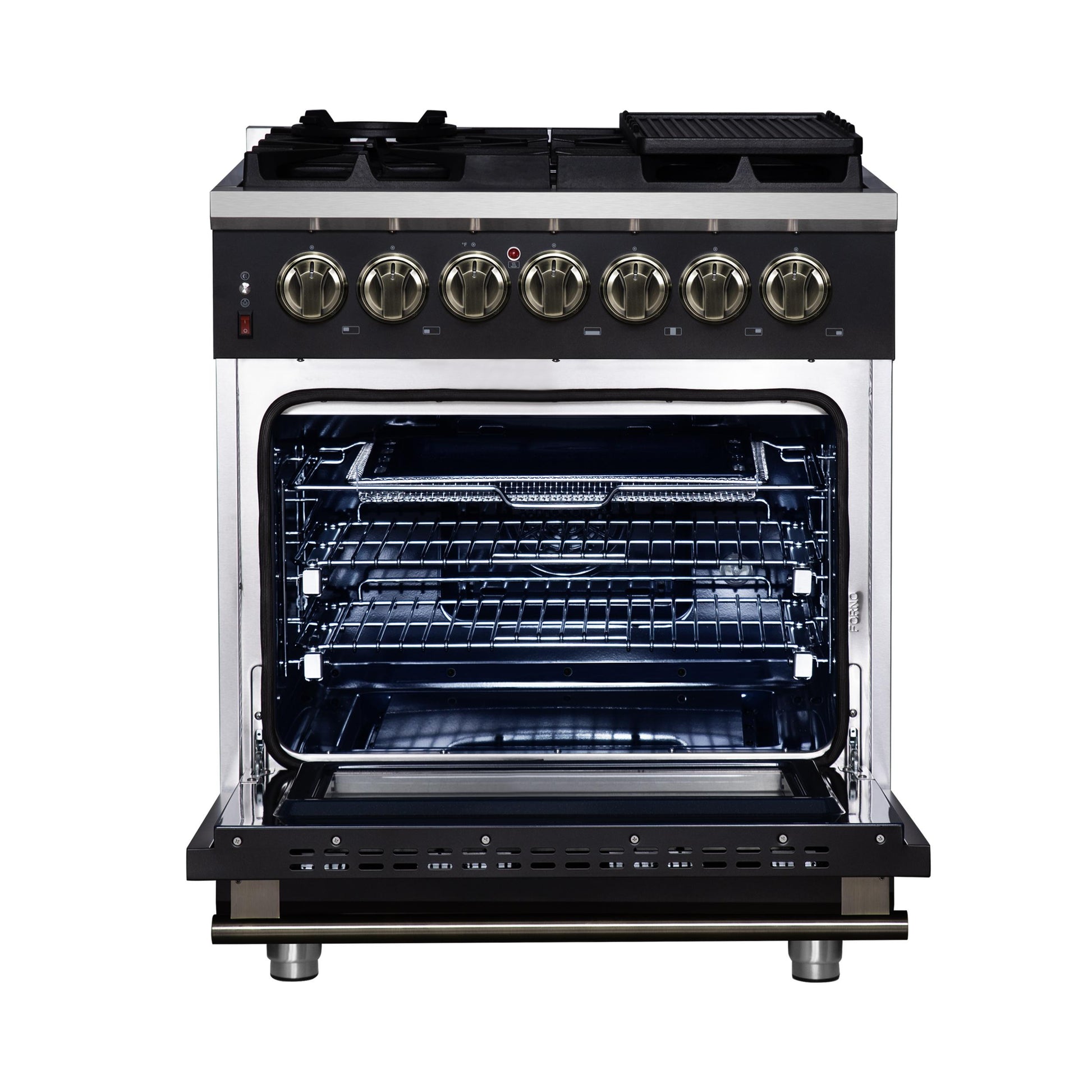 Forno FFSGS612530BLK Forno Massimo 30-Inch Freestanding Dual Fuel Range In Black With Antique Brass Accessories, 4 Burners, 4.32 Cu. Ft. Convection Oven
