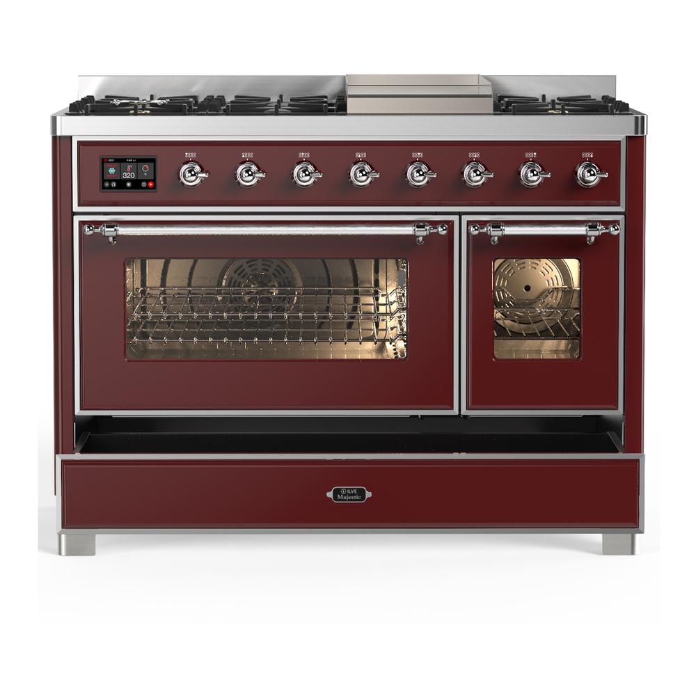 Ilve UM48FNR3BUCLP Ilve Um48Fnr3Buclp Majestic Iii 48 Inch Dual Fuel Range With 8 Burners And Griddle, Dual Function Burner Up To 25,000 Btu (Liquid Propane, Triple Glass Door, Burgundy, Chrome)