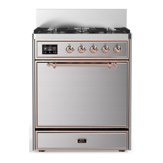 Ilve UM30QNR3SSP Ilve Um30Qnr3Ssp Majestic Iii 30 Inch Dual Fuel Range With 5 Black Brass Burners, Dual Function Burner Up To 25,000 Btu (Natural Gas, Solid Door, Stainless Steel, Copper)