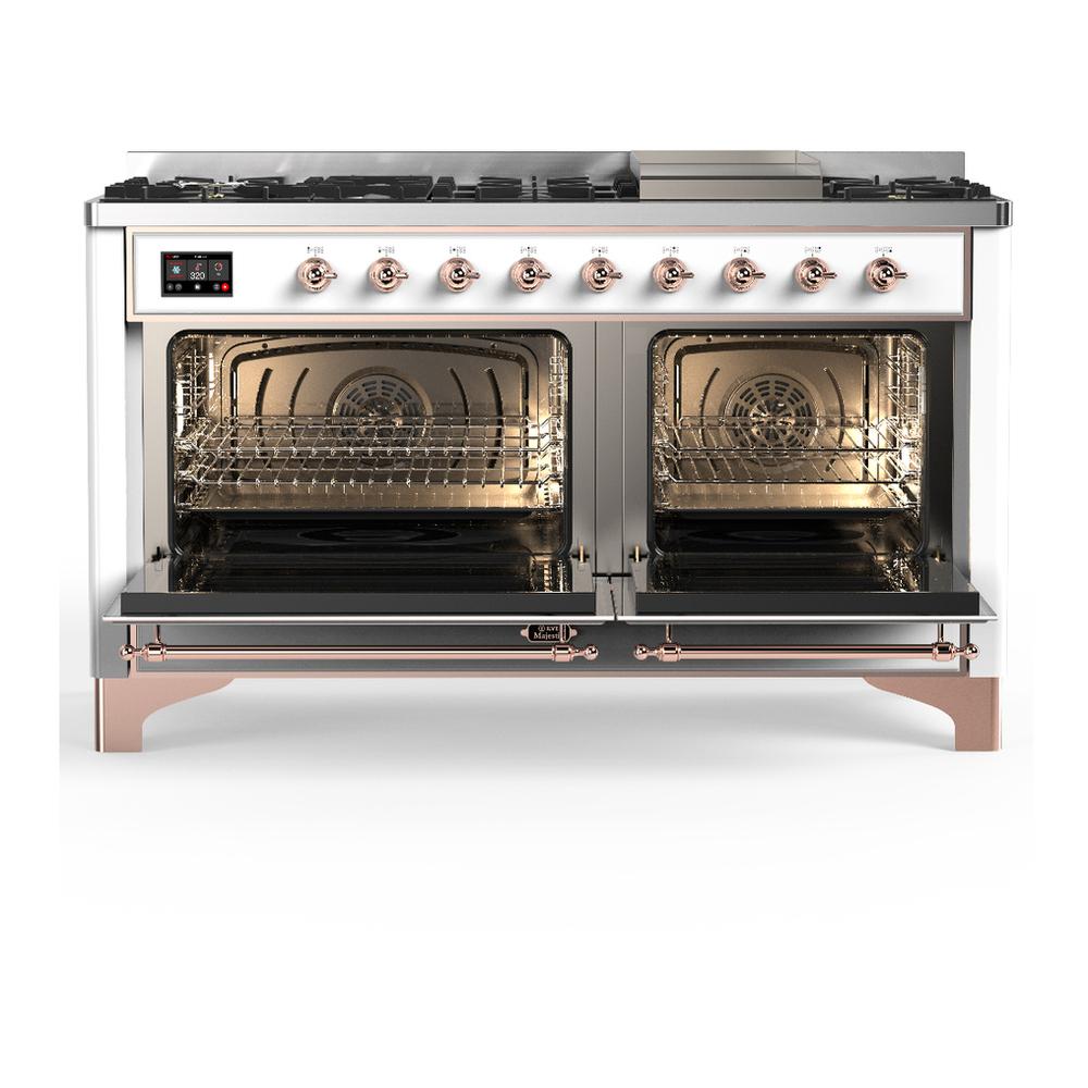 Ilve UM60FQNR3WHPLP Ilve Um60Fqnr3Whplp Majestic Iii 60 Inch Dual Fuel Range With 9 Burners And Griddle, Dual Function Burner Up To 25,000 Btu (Liquid Propane, Solid Door, White, Copper)