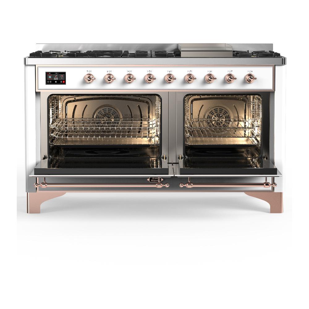 Ilve UM60FNR3WHP Ilve Um60Fnr3Whp Majestic Iii 60 Inch Dual Fuel Range With 9 Burners And Griddle, Dual Function Burner Up To 25,000 Btu (Natural Gas, Triple Glass Door, White, Copper)
