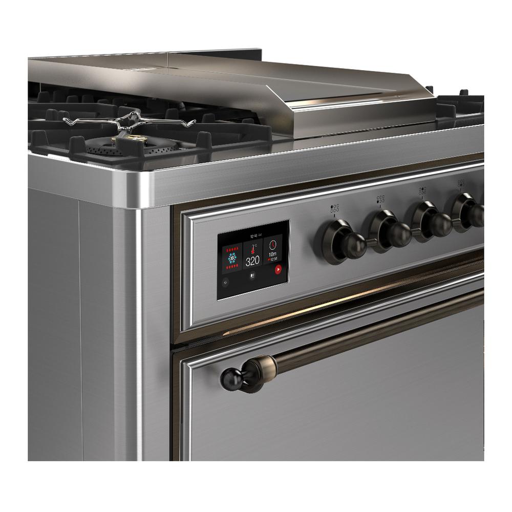 Ilve UM36FQNR3SSB Ilve Um36Fqnr3Ssb Majestic Iii 36 Inch Dual Fuel Range With 6 Black Brass Burners And Griddle, Dual Function Burner Up To 25,000 Btu (Solid Door, Stainless Steel, Burnished, Natural Gas)