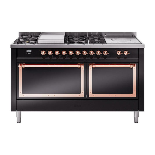 Ilve UN60FSQNMPBKPLP Ilve Un60Fsqnmpbkplp Nostalgie Ii Noblesse 60" Dual Fuel Range (7 Sealed Burners + Griddle + French Top, Liquid Propane, Solid Door, Glossy Black, Copper)