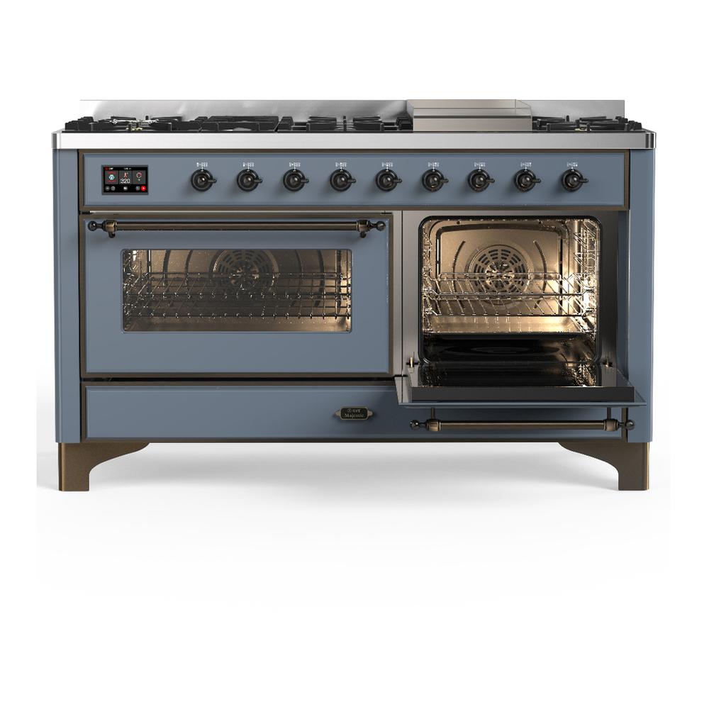 Ilve UM60FNR3BGBLP Ilve Um60Fnr3Bgblp Majestic Iii 60 Inch Dual Fuel Range With 9 Burners And Griddle, Dual Function Burner Up To 25,000 Btu (Liquid Propane, Triple Glass Door, Blue Grey, Burnished)